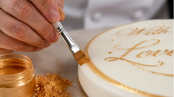 Painting gold lettering on a cake with a fine brush