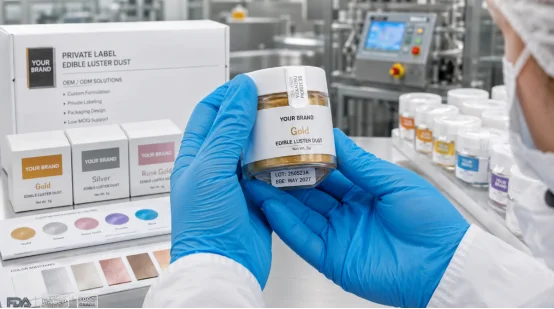 Person in gloves holding a private label gold edible luster dust jar
