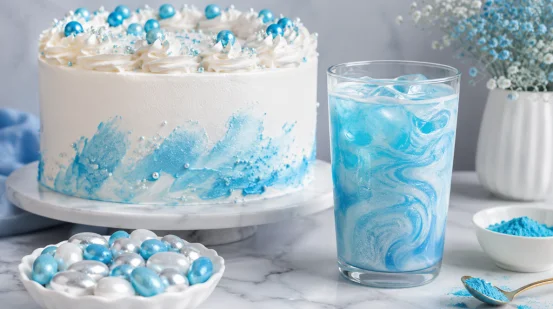 White decorated cake, shimmering blue drink, and candies with luster dust
