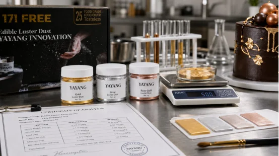 YAYANG edible luster dust jars with COA report in a testing lab