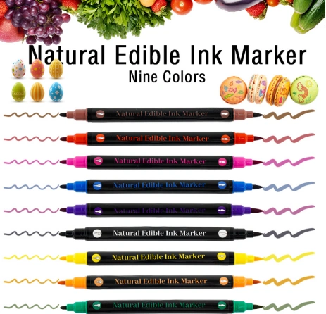 9-color dual-tip natural edible ink marker set with line swatches
