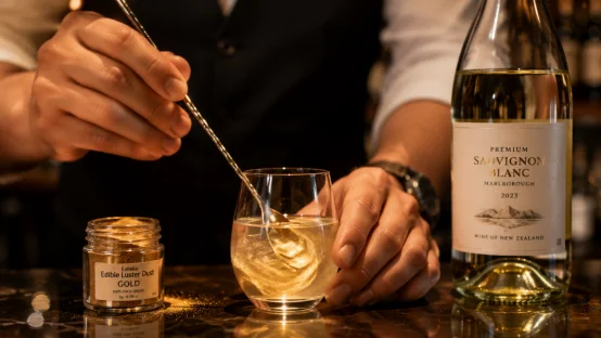 Bartender stirring gold edible luster dust into white wine