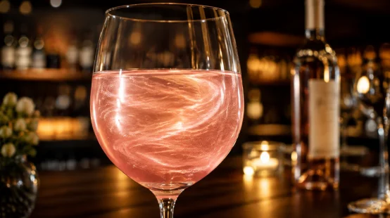 Glass of shimmering pink rosé wine with edible luster dust