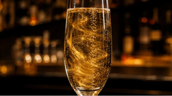 Gold edible glitter swirling in Prosecco
