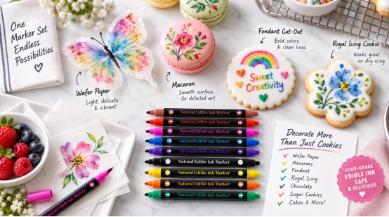 Natural edible ink markers with decorated cookies, macaron, and wafer paper