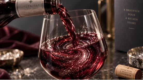 Pouring shimmering red wine with swirling edible glitter into a glass
