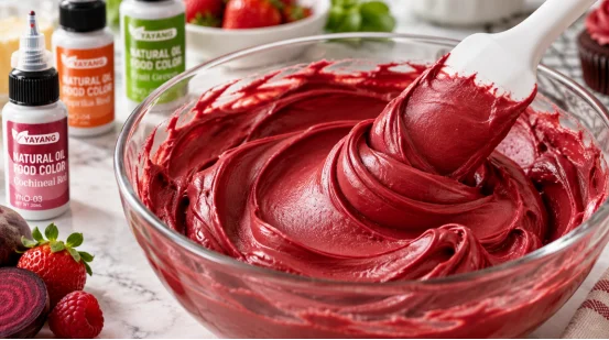 Red oil-based food coloring in buttercream