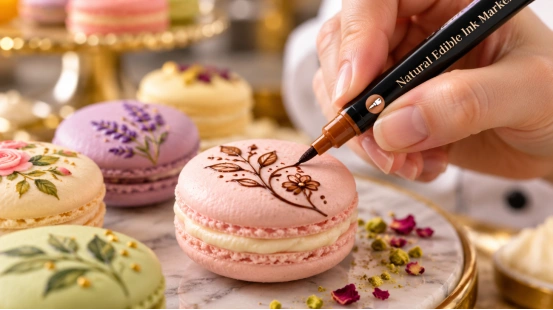 Decorating a macaron with a food coloring pen