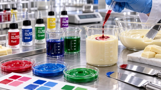 Mixing oil-based food coloring into melted chocolate