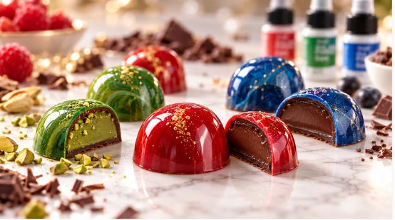 Red, green, and blue oil-based colored chocolates